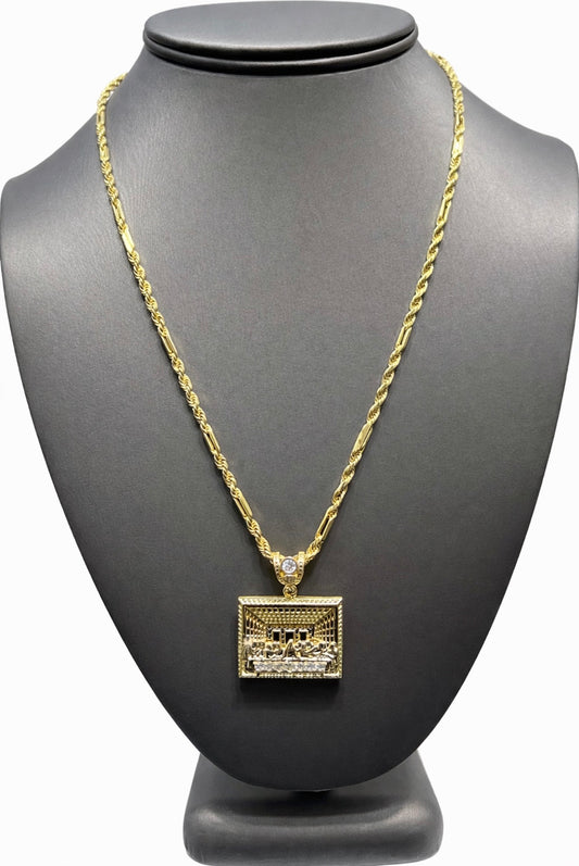 C57- NEW 10K Hollow Milano Chain 20” (3mm) & The Last Supper Square Pendant SET W.G