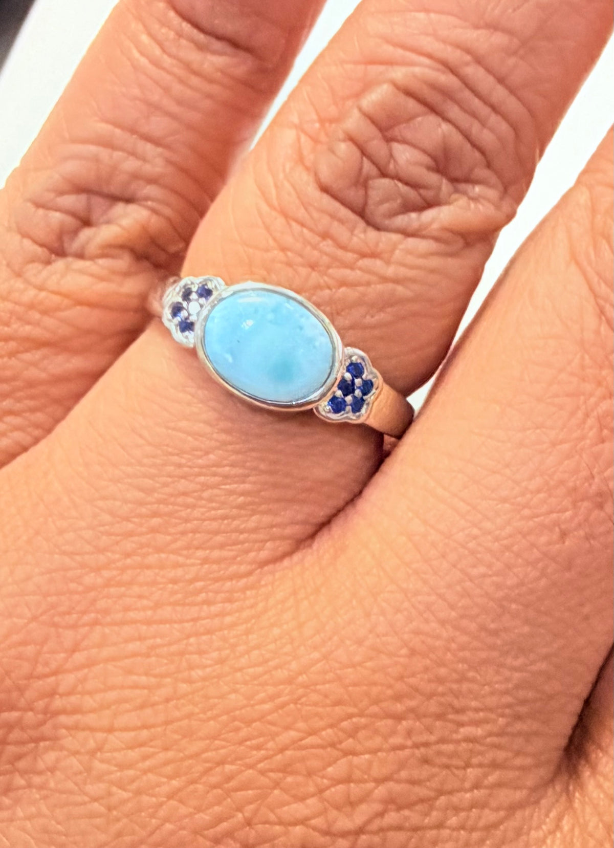 S904- NEW .925 Sterling Silver Larimar Oval Ring W.G