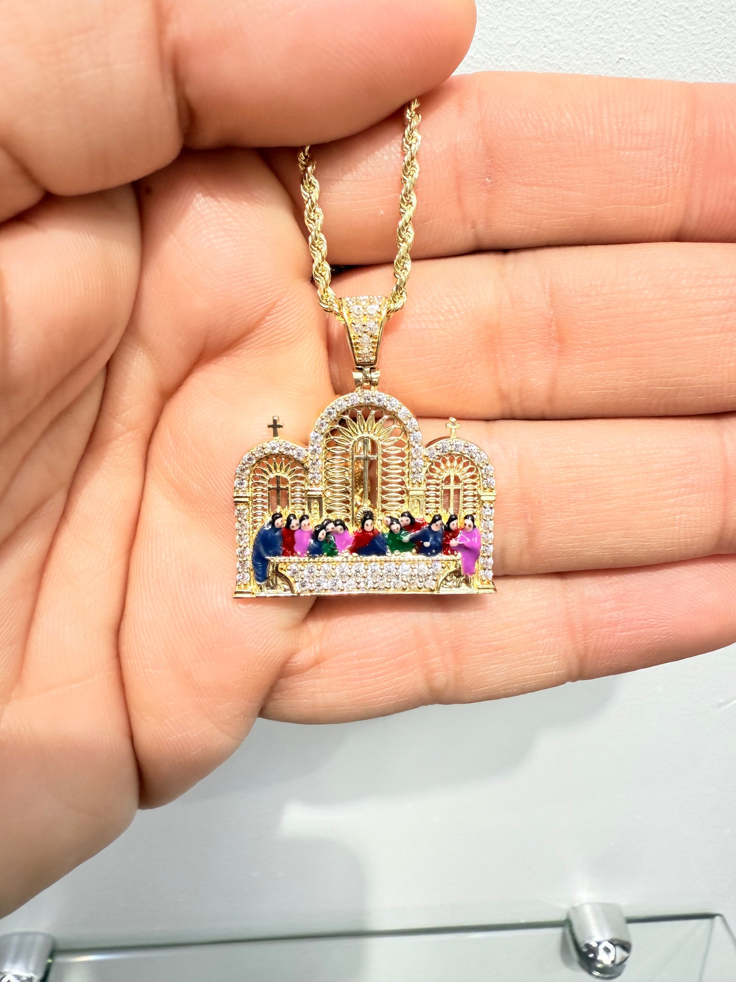 1043- NEW 14K The Last Supper Square Cz Pendant W.G