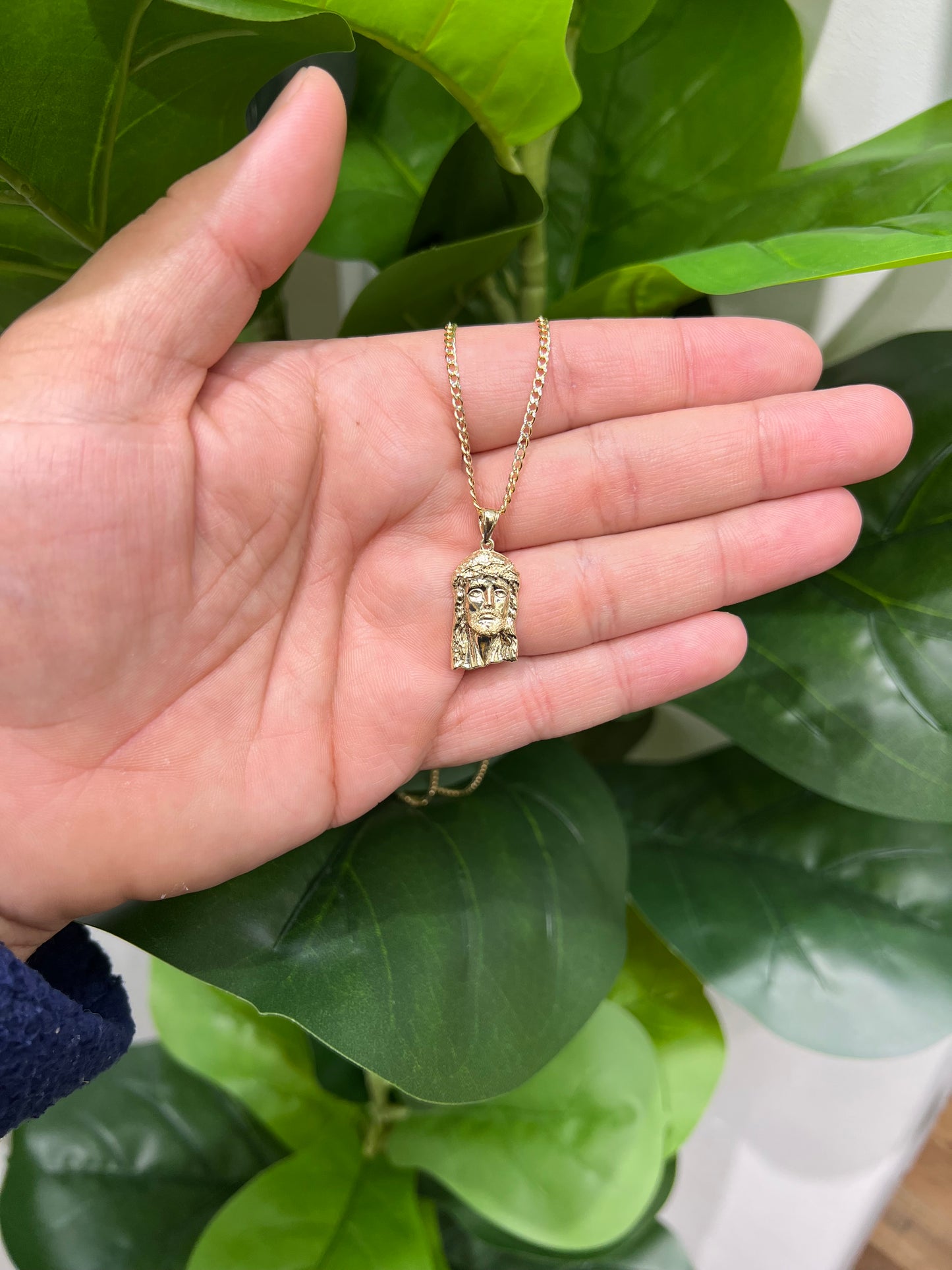 C55- NEW 10K Hollow Cuban Curb Two Tone Chain & Jesus Face Pendant SET W.G