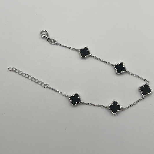 S789- NEW Sterling Silver Black Clover Bracelet (7.6mm) W.G