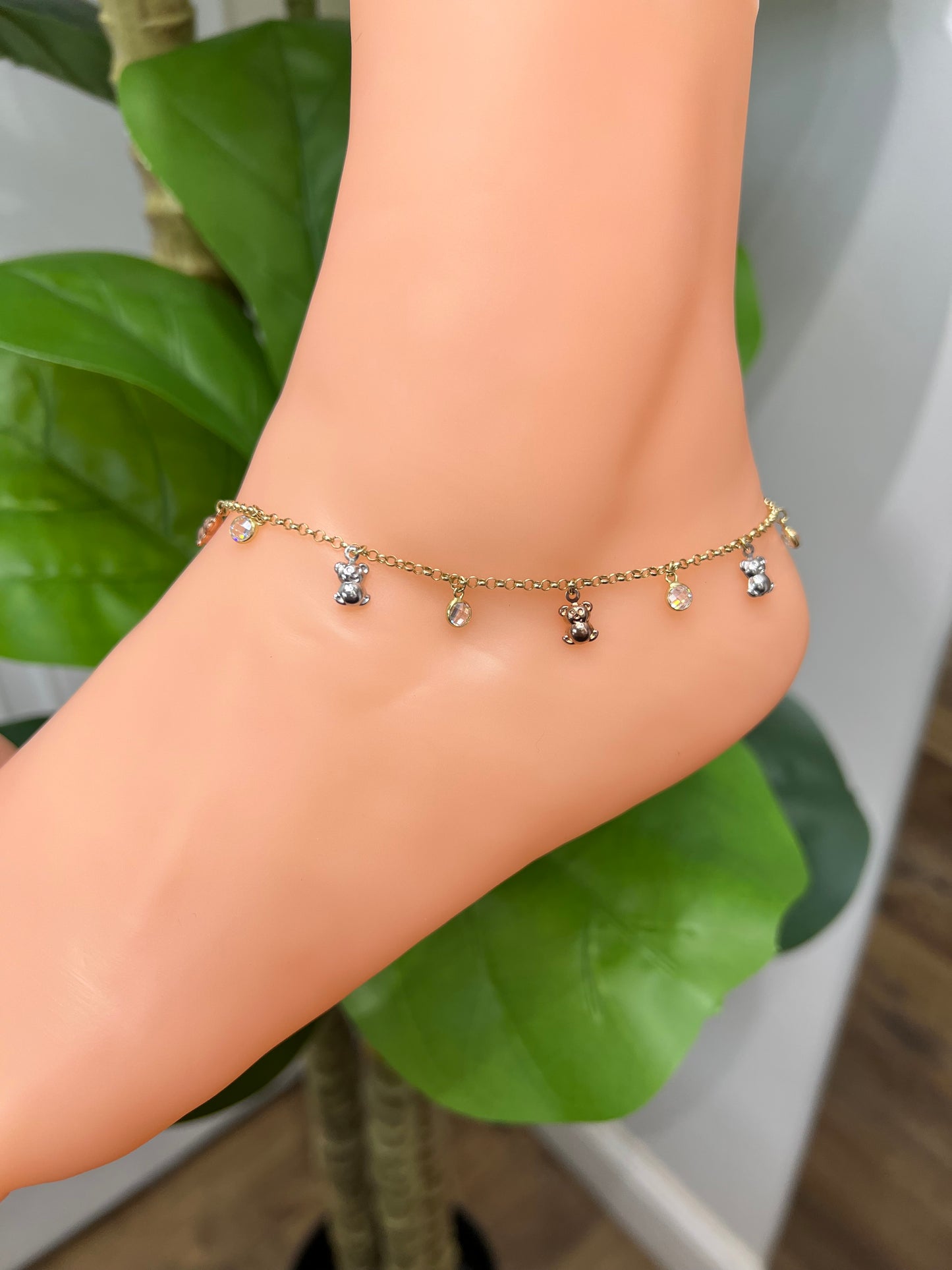 995- NEW 14K Hollow Teddy Bear Dangling Anklet 10”+1” ext (2mm) (W.G)