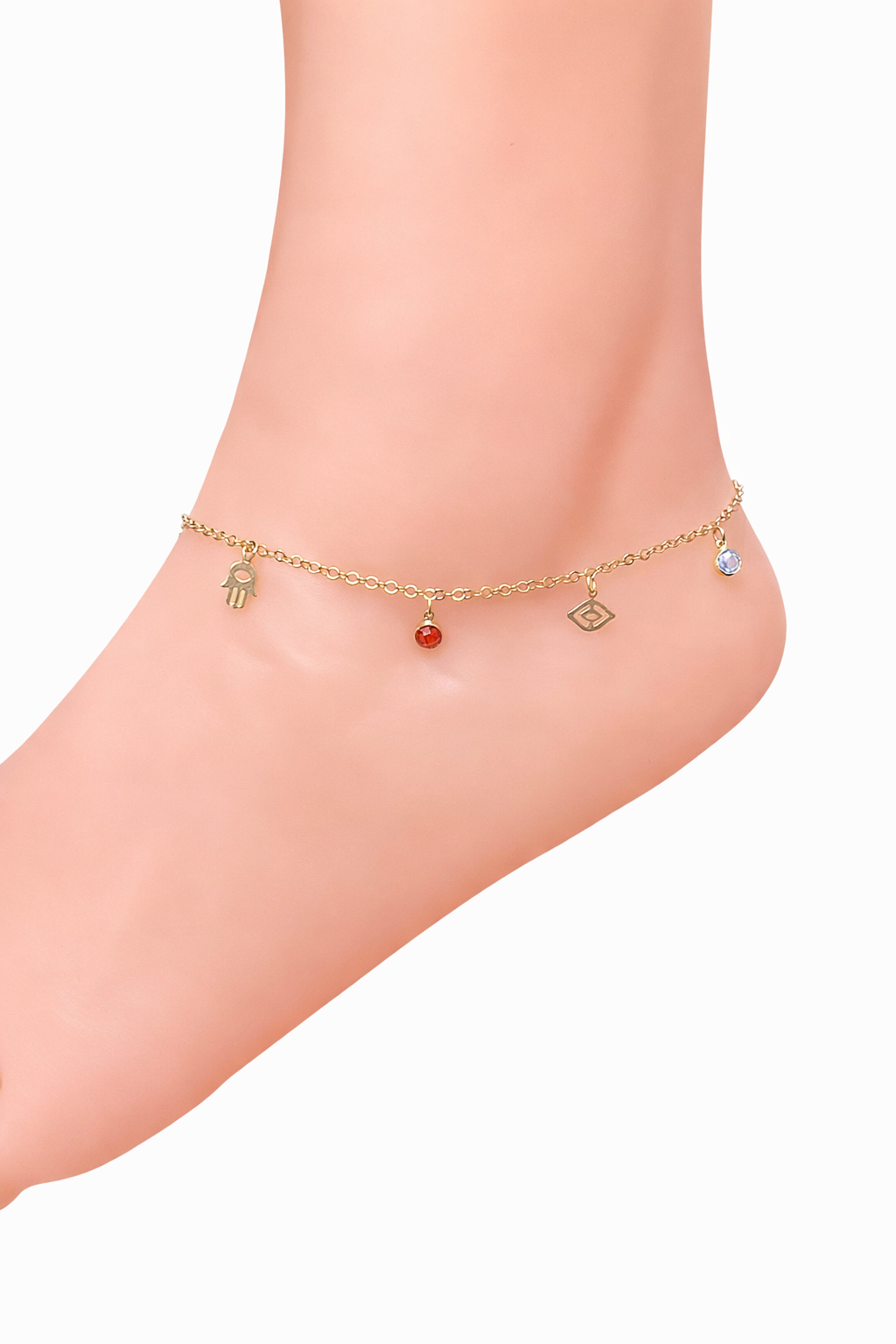 1157- NEW 14K Dangling Assorted Charms Anklet Bracelet 10” (1.8mm) W.G