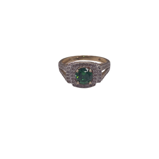 497- 14K Square Green Stone With Cz White Stones Sz 7