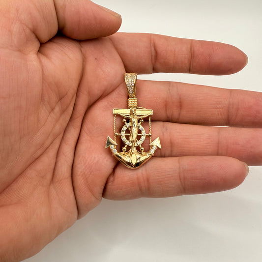 0060-NEW 14K Jesus Cross & Anchor Pendant W.G