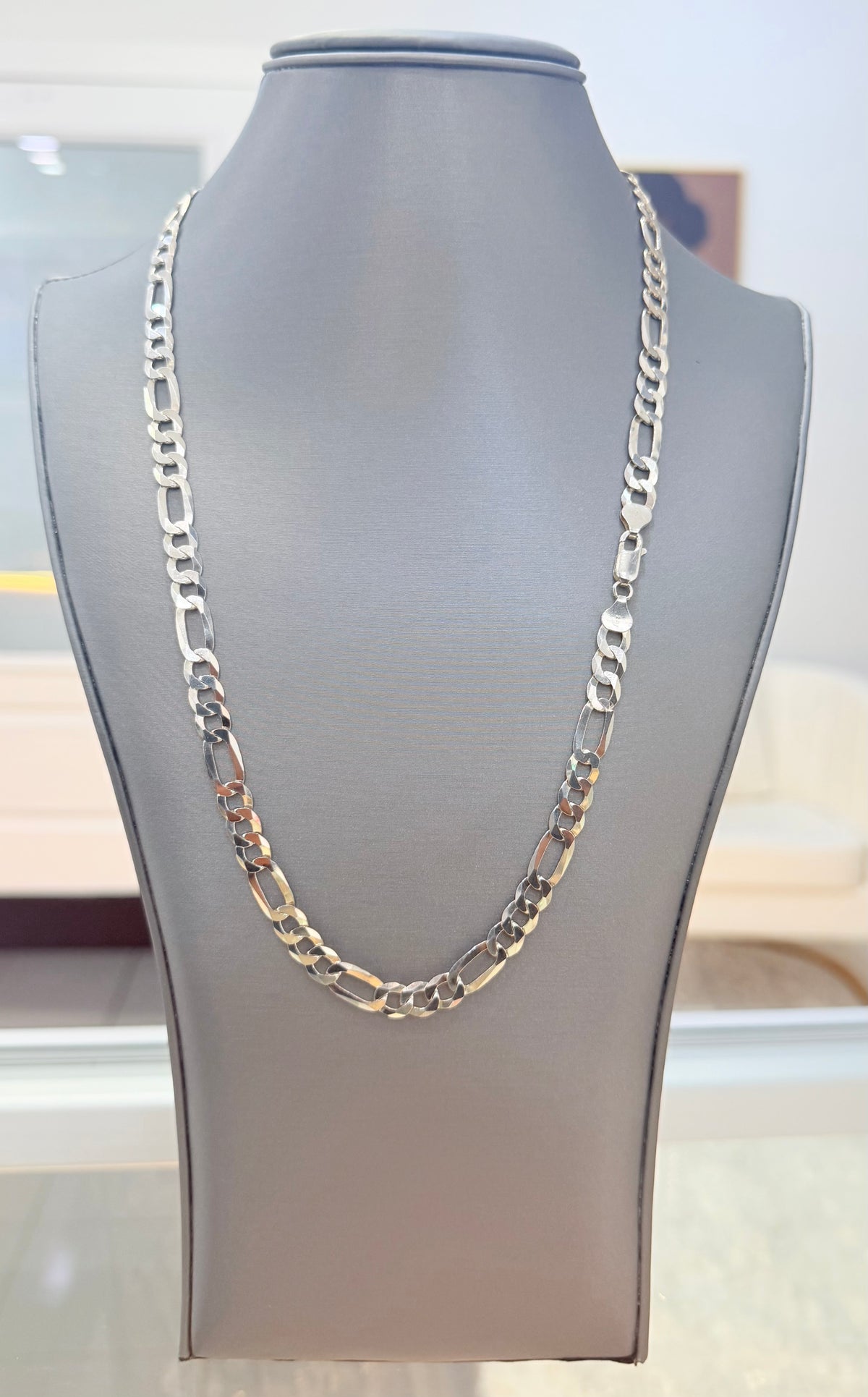 S002- .925 Sterling Silver Solid Figaro Chain 24” (7.75mm) 28.50g W.G