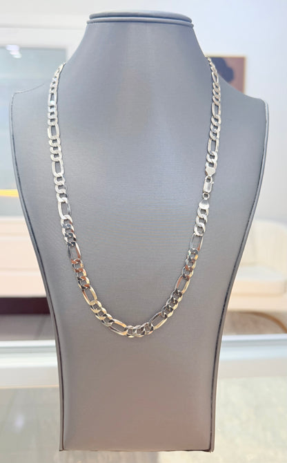 S002- .925 Sterling Silver Solid Figaro Chain 24” (7.75mm) 28.50g W.G
