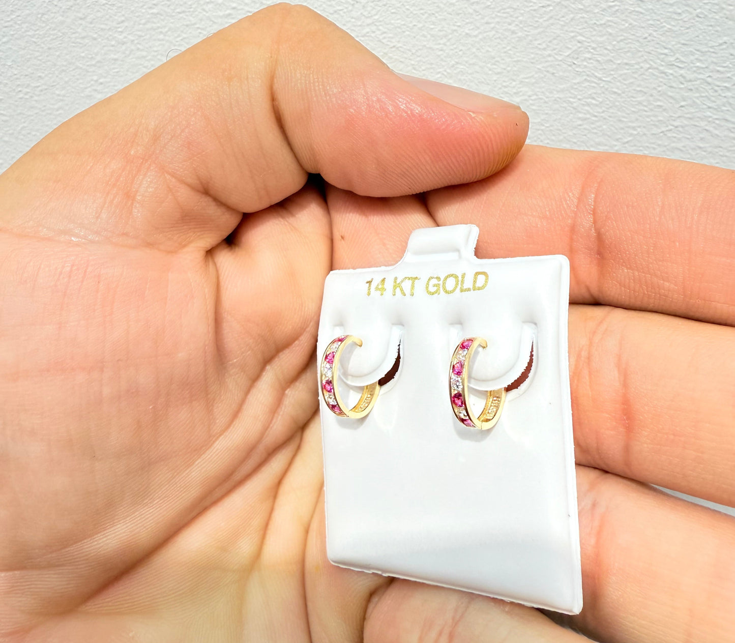 1094-NEW 14K Small Thin Huggies Ruby & Clear Hoop Earrings (2x12mm) W.G