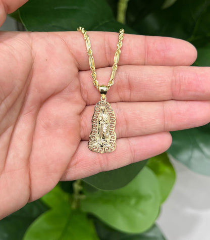 C58- NEW 10K Hollow Milano Chain & Virgin Mary Pendant SET W.G