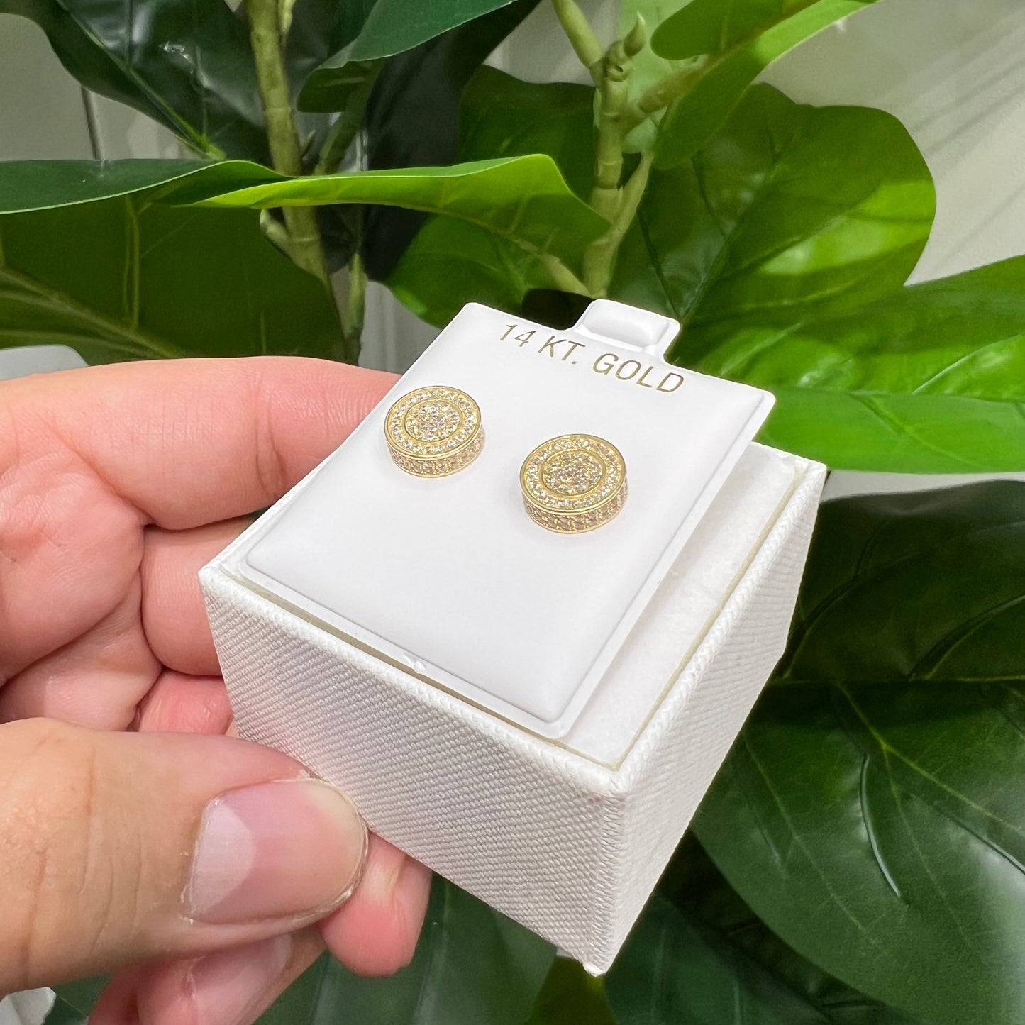 1366- NEW 14K Round Full Cz Stud Gold Earrings (10mm) W.G