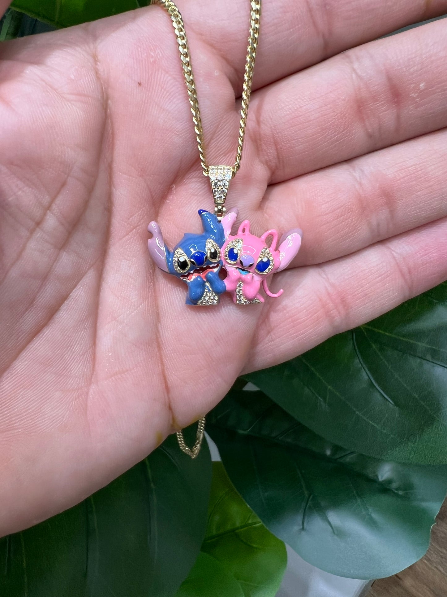 1212- NEW 14K Disney Lilo Stitch & Angel Gold Pendant W.G