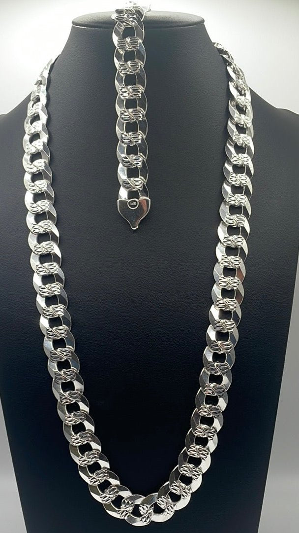 S008- Cuban Link Solid Silver Chain & Bracelet Set