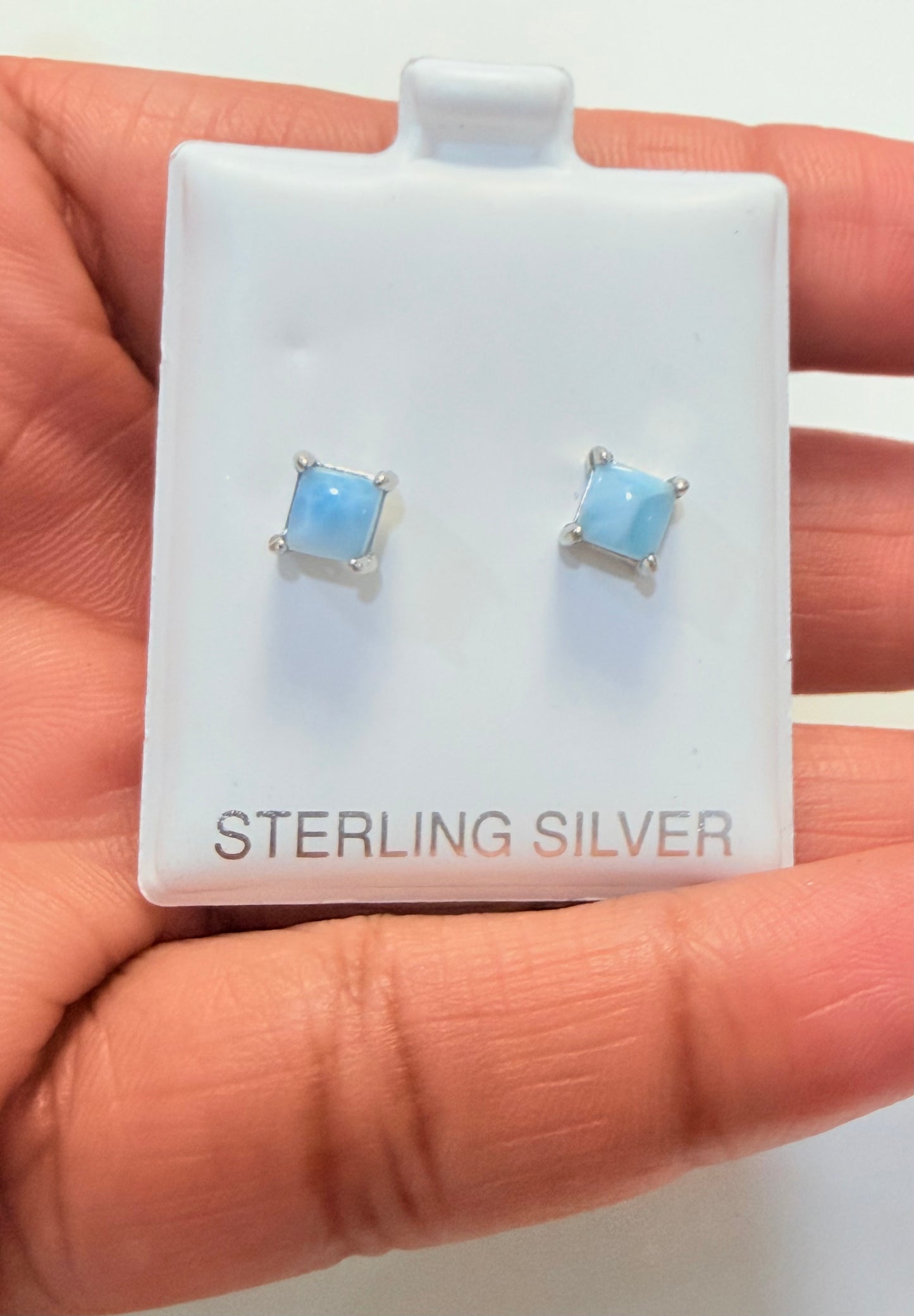 S908- NEW .925 Larimar Square Stud Earrings (4mm) W.G