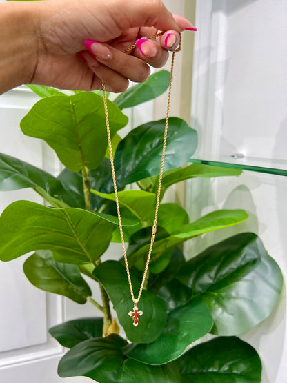 C10-NEW 14k Semi Solid Rope Chain and CZ Red Cross Pendant. W.G