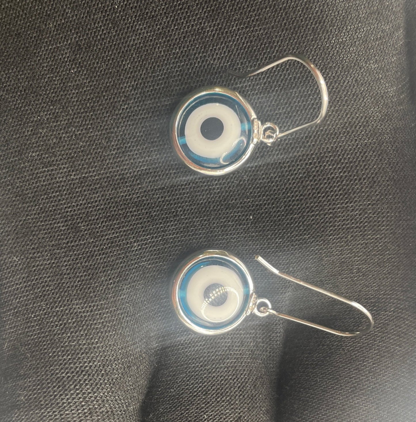 S450- Silver 925 Round Cookie Monster Evil Eye Dangling Hook Earrings