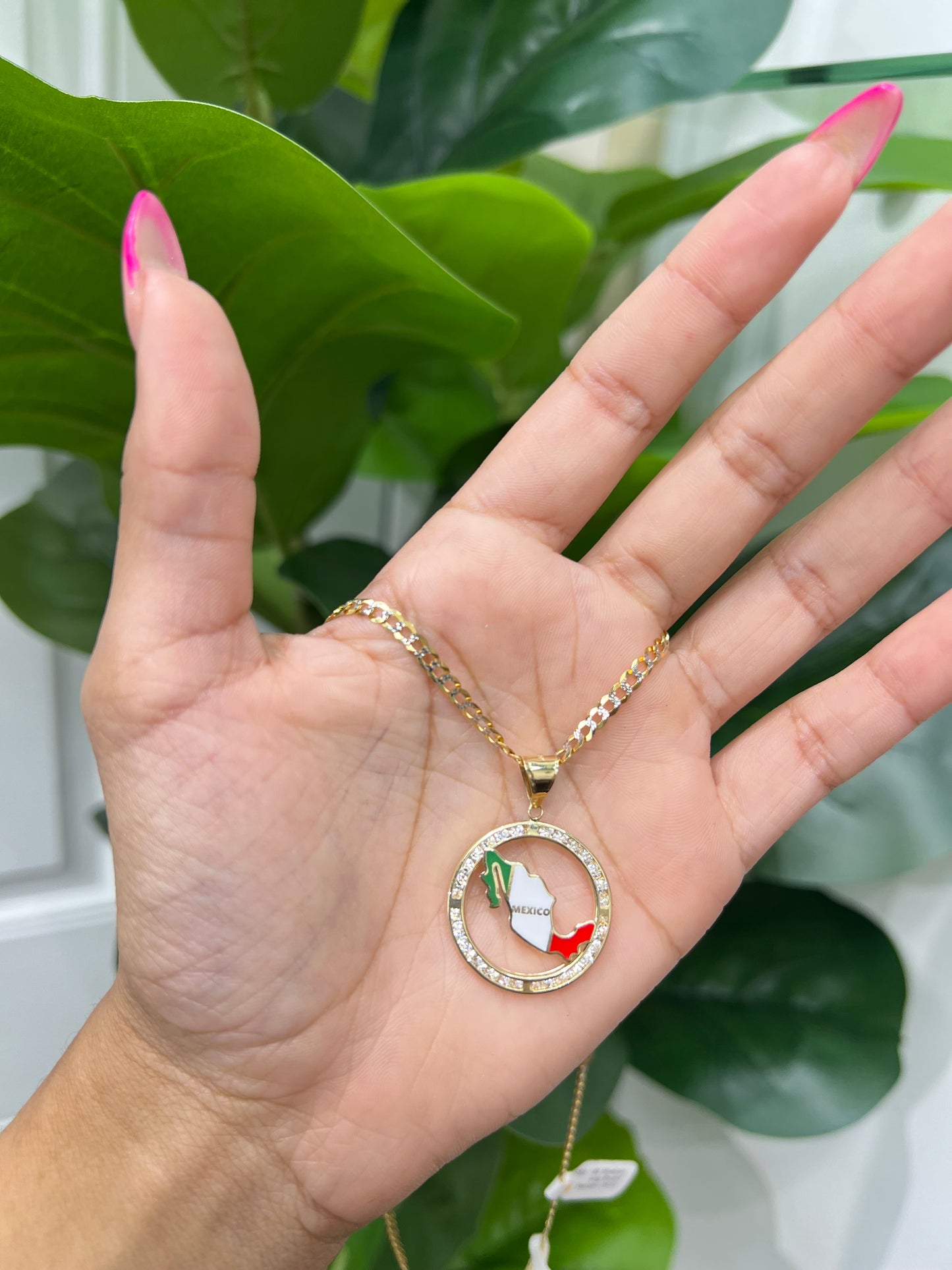 C28- NEW 14K Solid Cuban Chain & Mexican Flag Pendant Set