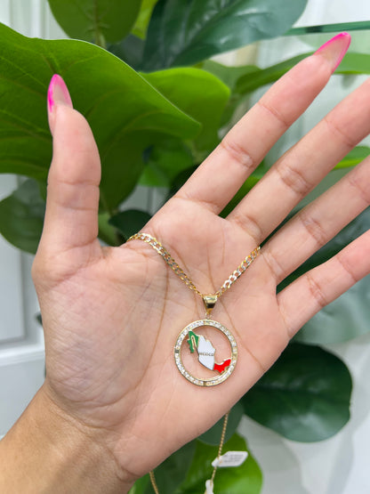 C28- NEW 14K Solid Cuban Chain & Mexican Flag Pendant Set