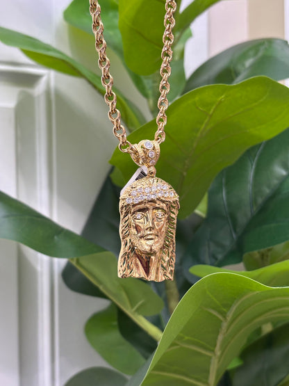 1002- NEW 14K Jesus Face Cz Pendant W.G