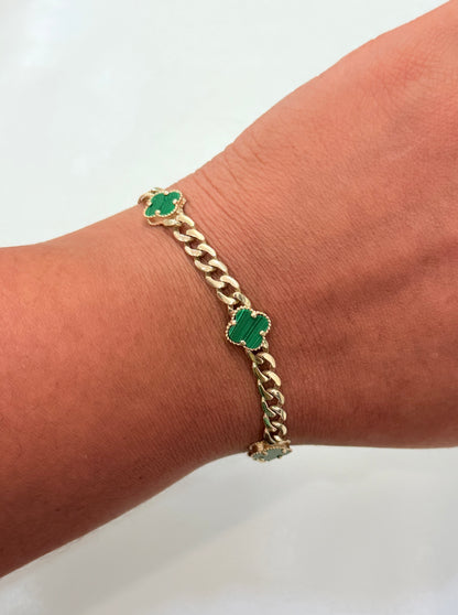 1813- NEW 14K Hollow Green Trebol Bracelet 7.5” (9.2mm) W.G