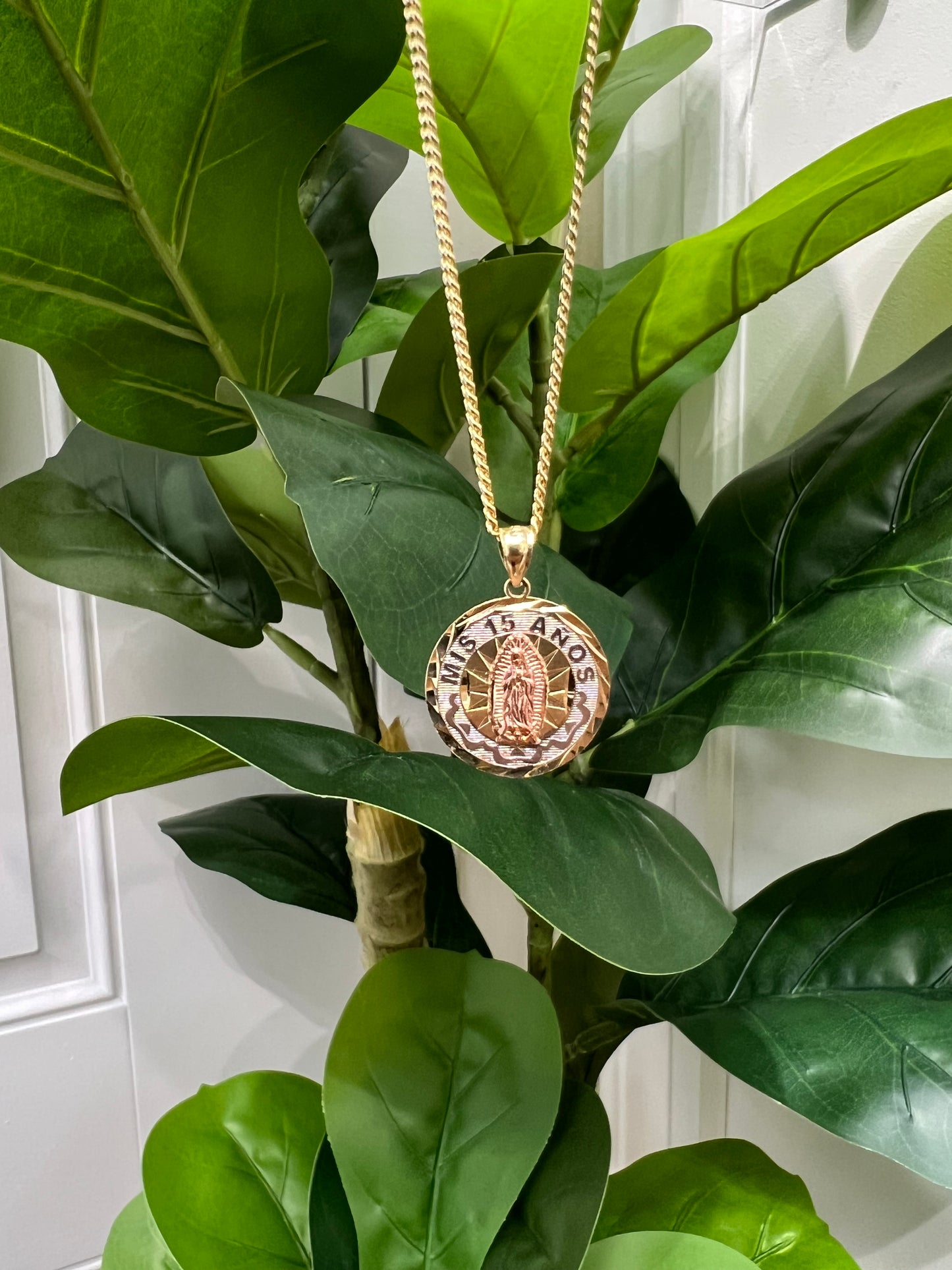 C50- 10K Solid Miami Cuban 18” & Our Lady Of Guadalupe Pendant Set