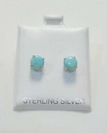 S668- .925 Sterling Silver Round Larimar Stone Stud Earrings (7mm) W.G