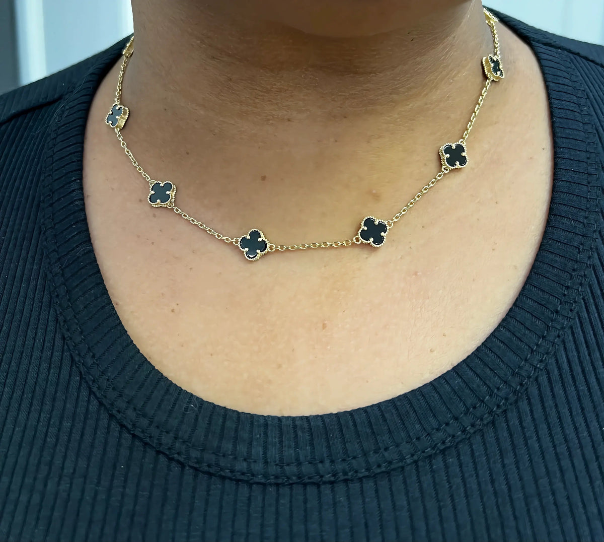 1611- NEW 14K Black Trebol Necklace 19"+ 1"Ext (8mm) W.G