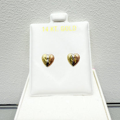 1064-NEW 14K One Face Tri tone Heart Shape Stud Earrings (7.5x7.9mm) (W.G)