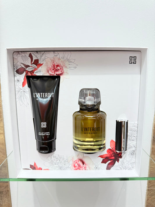 PE50- Givenchy L’Interdit Eau De Parfum Spray 2.7 oz / Milk 2.5oz + 1.5g Lipstick Women’s SET W.G