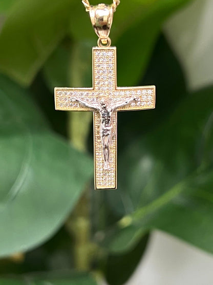 1393- NEW 14K Crucifix Full Cz Pendant Two Tone W.G
