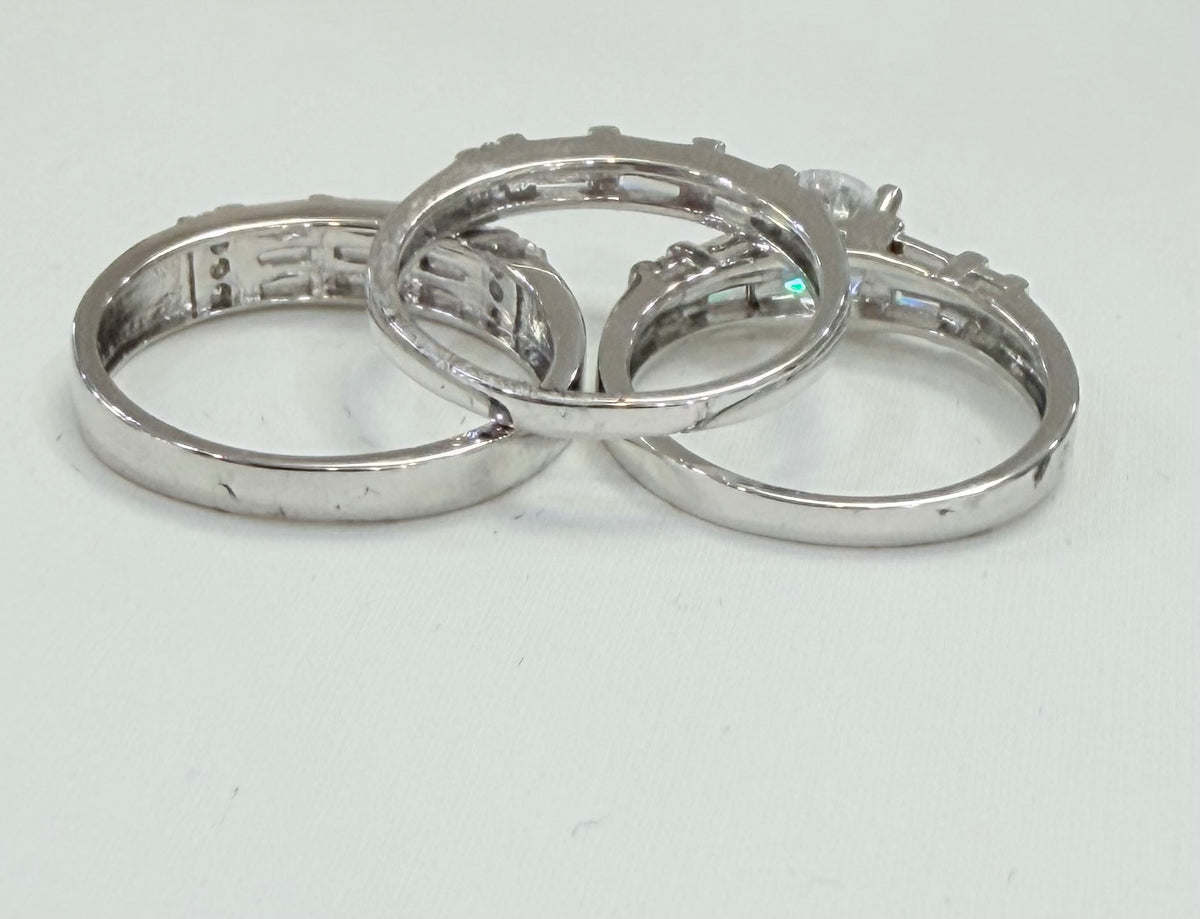S1133- NEW .925 Sterling Silver Wedding Ring Set(3) W.G