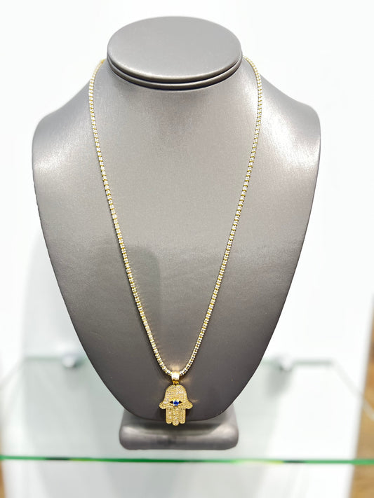 C13- NEW Ice Chain and Hamsa Hand Pendant Set W.G.