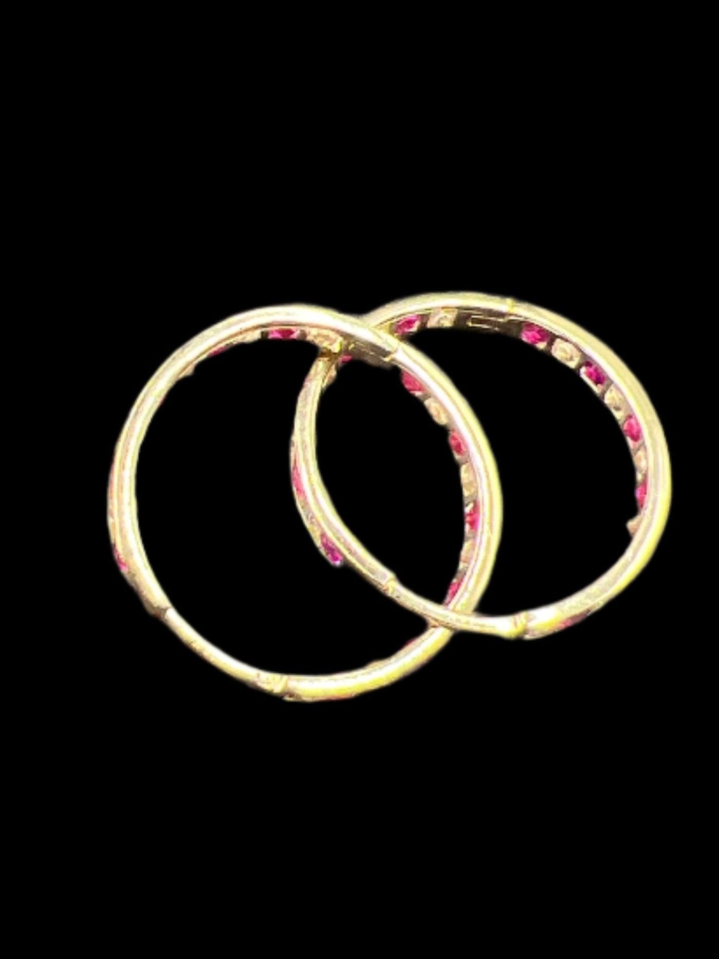 356- 14K Hoop Earrings White/Red Stones 3x21mm