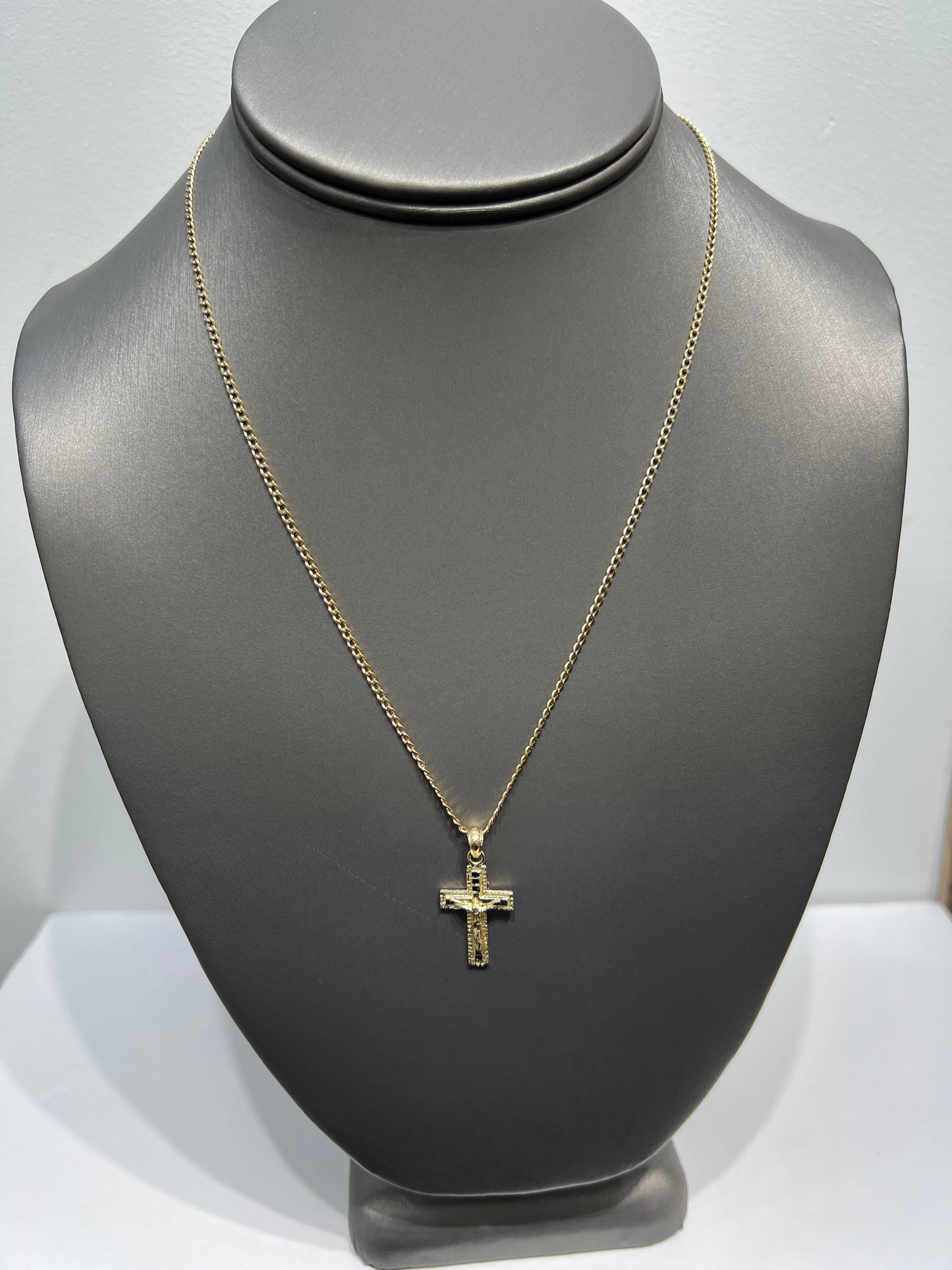 C56- NEW 10K Hollow Cuban Curb Chain & Crucifix Pendant SET W.G