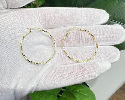 1345- NEW 14K Twisted Hollow Hoops Earrings 35mm W.G