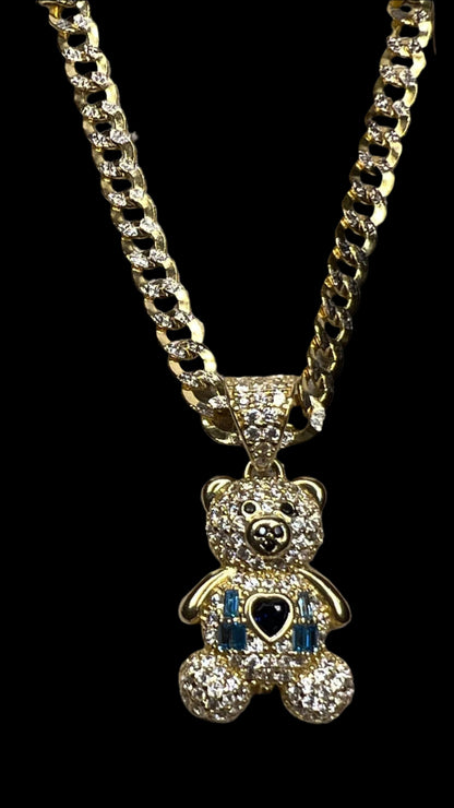 0052- 14K Yellow Gold Bear & Blue Heart Pendant