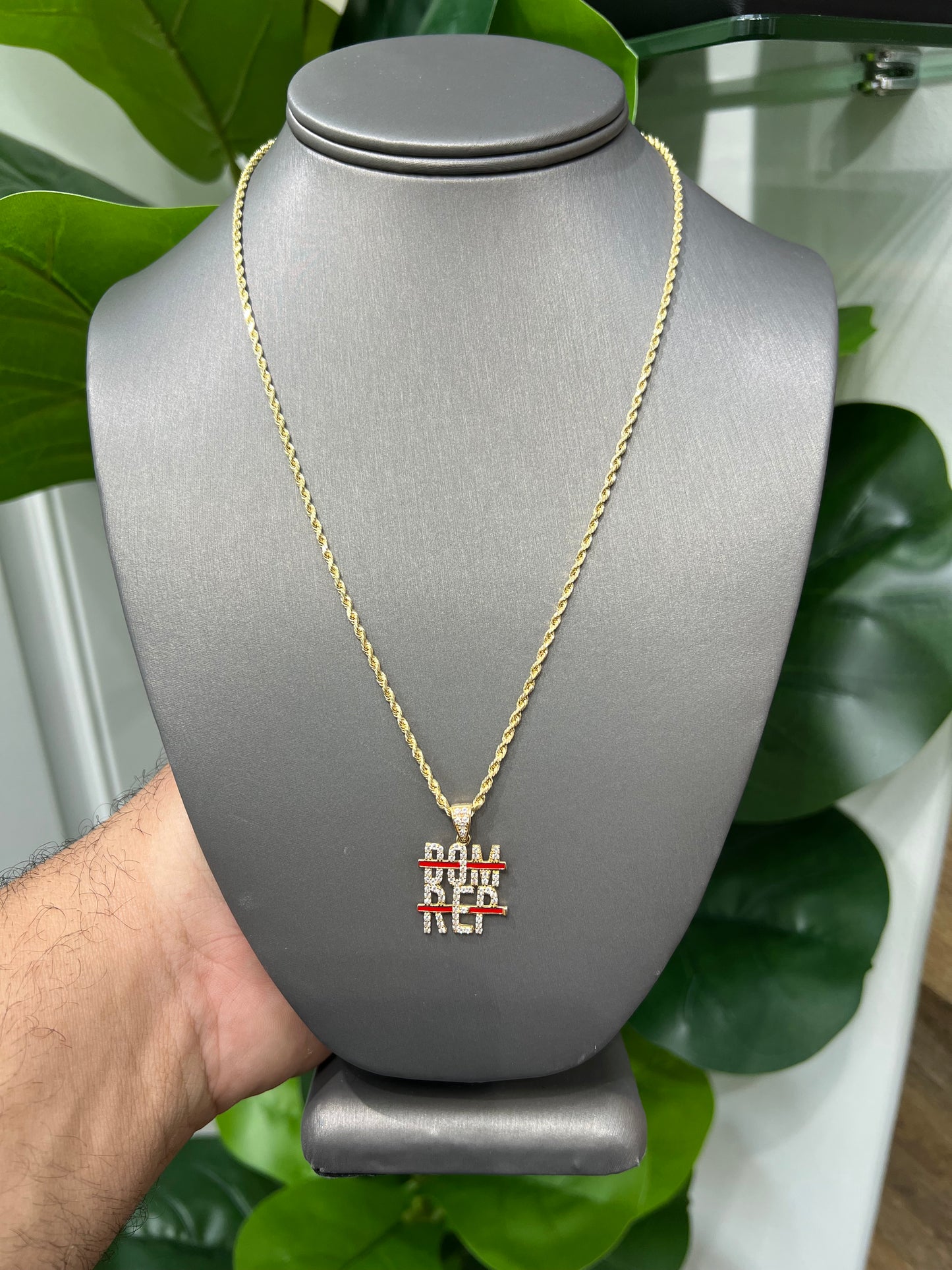1191- NEW 14k Hollow Yellow Gold Rope Chain & Dom Rep Pendant Set (2mm)W.G