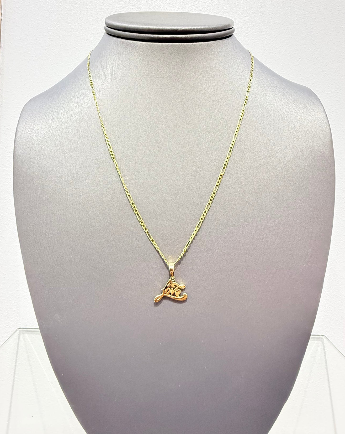 C29-14k Solid Figaro Chain 20” & Love Pendant SET(2mm)W.G