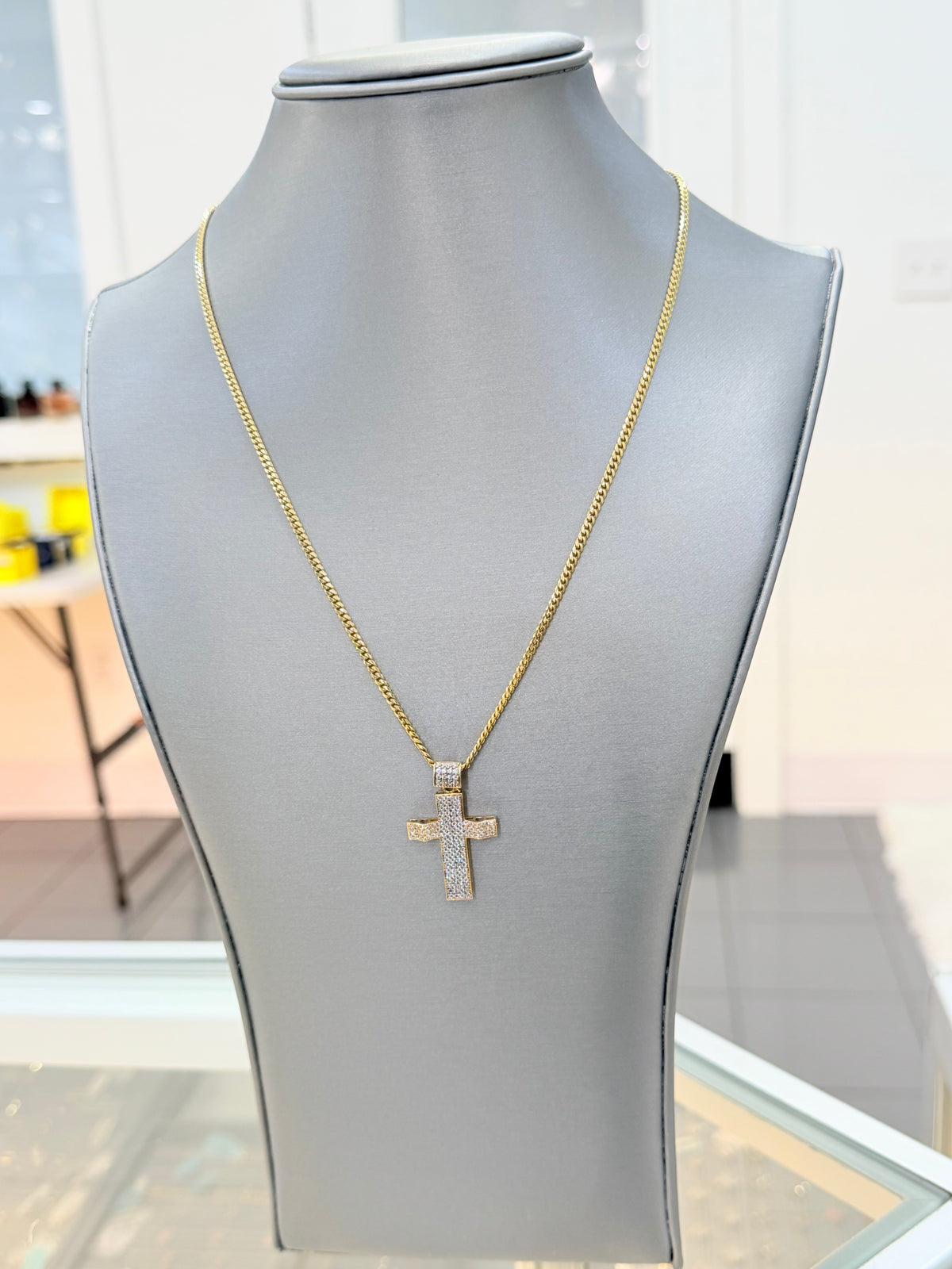 C76- NEW 14K Solid Miami Cuban Chain 20” (2.65mm) & 14K Cross Full Cz Pendant Set (W.G)