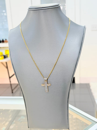C76- NEW 14K Solid Miami Cuban Chain 20” (2.65mm) & 14K Cross Full Cz Pendant Set (W.G)