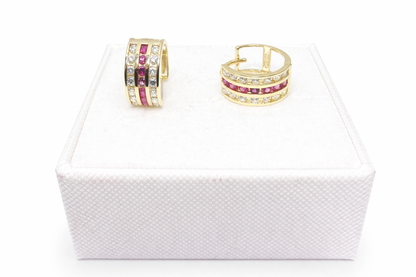 1088- NEW 14K Triple Row Huggies Cz Red & Clear Hoop Earrings (5x10mm)W.G