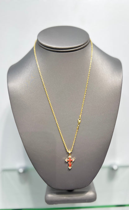 C10-NEW 14k Semi Solid Rope Chain and CZ Red Cross Pendant. W.G
