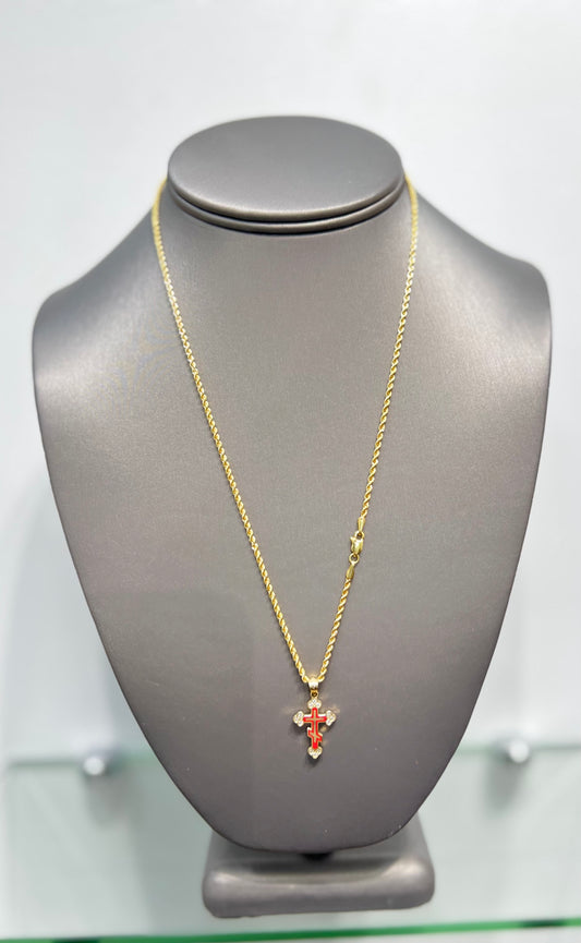 C10-NEW 14k Semi Solid Rope Chain and CZ Red Cross Pendant. W.G