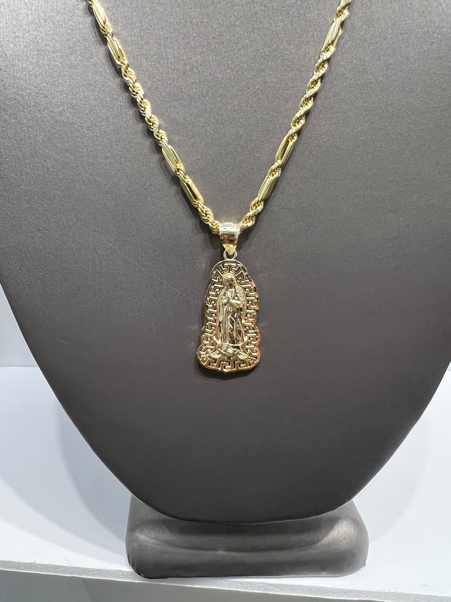 C58- NEW 10K Hollow Milano Chain & Virgin Mary Pendant SET W.G