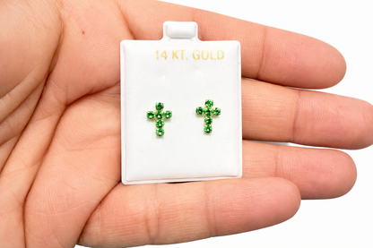 1047- NEW 14K Full Cz Green Cross Stud Earrings W.G