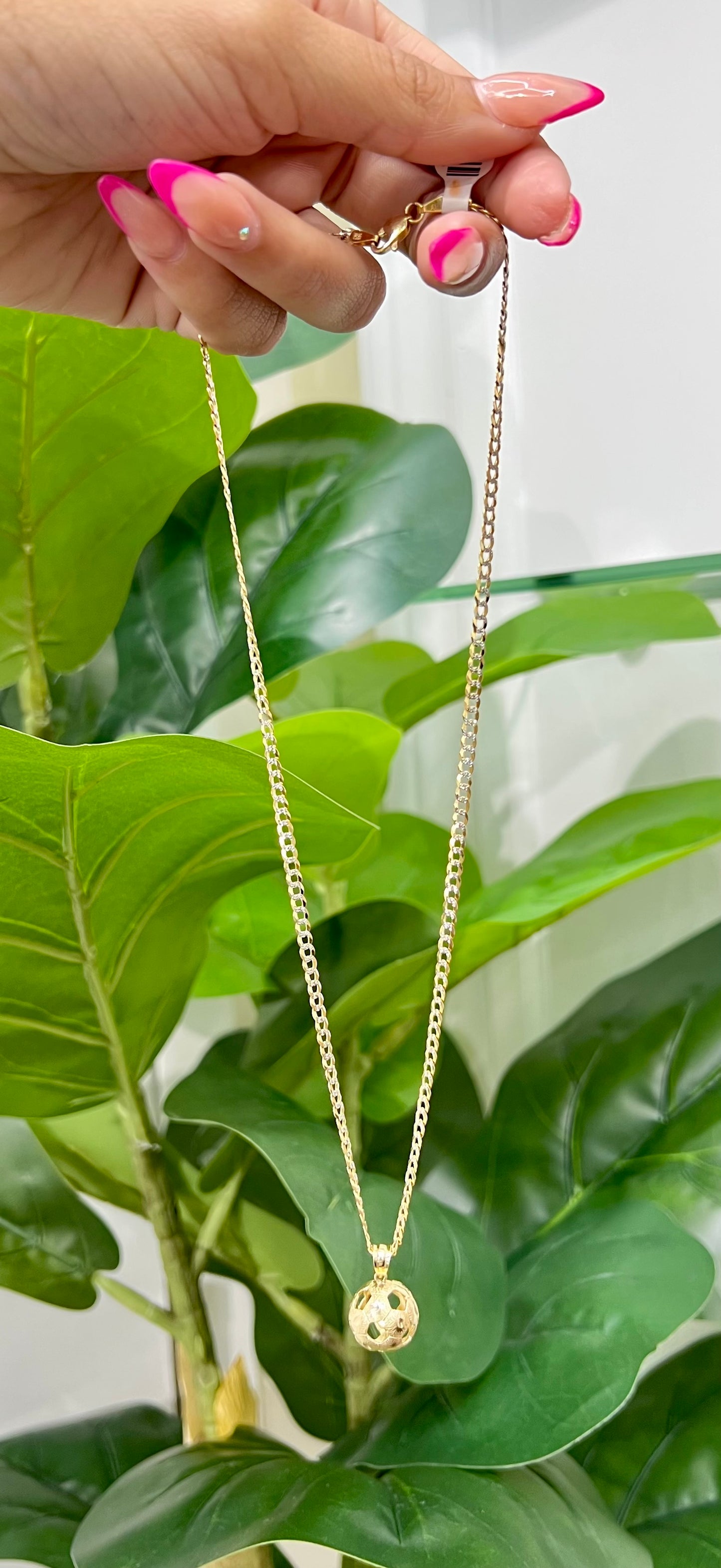 C11- NEW 14k Two Tone Cuban Curb Chain and Soccer Ball solid Pendant.W.G