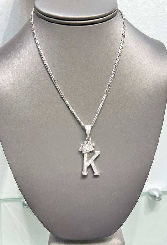 S811- NEW. 925 Sterling Silver Crown On Top Letter K Pendant W.G