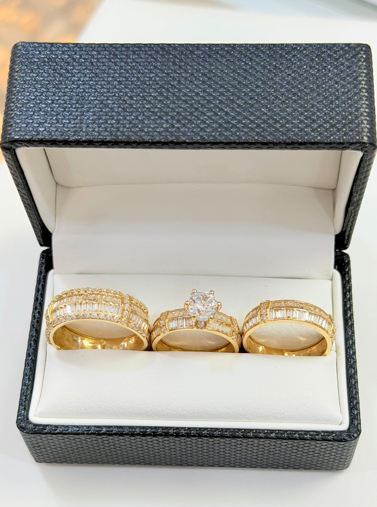 1226- NEW 14K Trio Baguette Cut Wedding Ring Set W.G