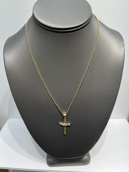 C54- NEW 10K Hollow Cuban Curb Two Tone & Crucifix Pendant SET W.G