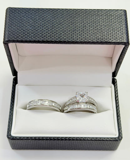 S1134- NEW .925 Sterling Silver Square Wedding Rings (3) Set W.G