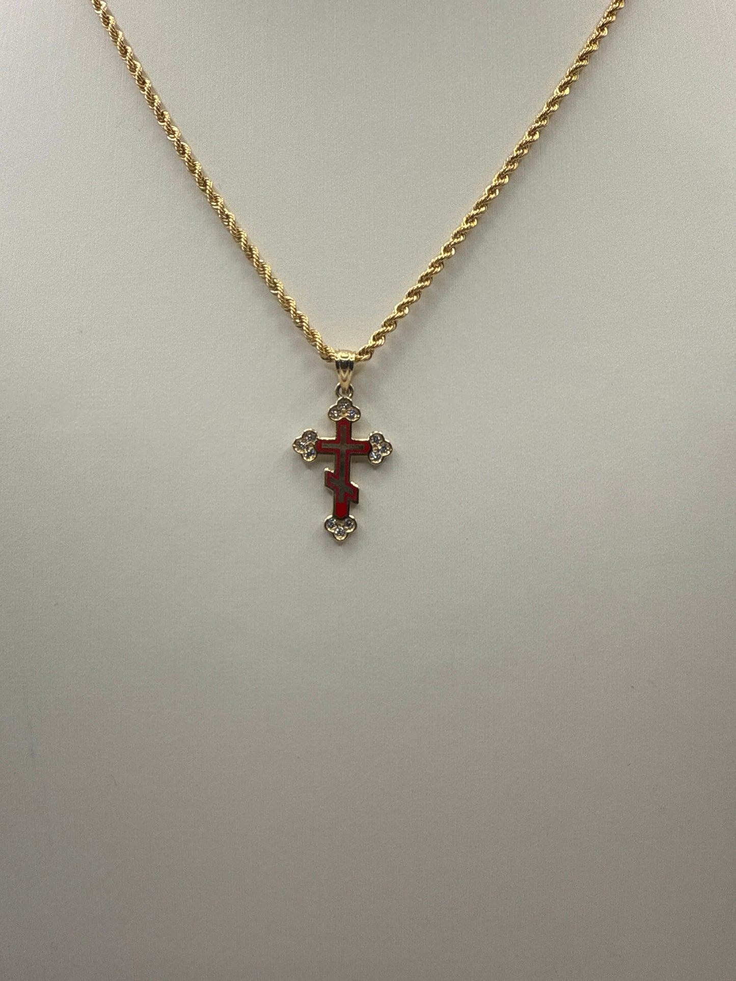 C10-NEW 14k Semi Solid Rope Chain and CZ Red Cross Pendant. W.G